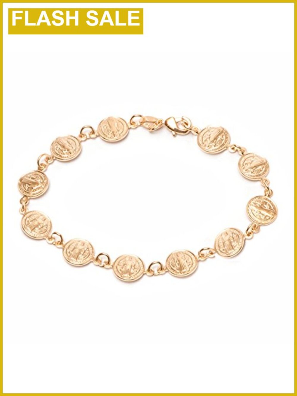 18K Gold Plated Saint Benedict Coin Bracelet 7.5 Inches Religious